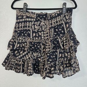 Free People Black Beige Paisley Tiered Ruffle Mini Skirt XL Boho Elastic Waist